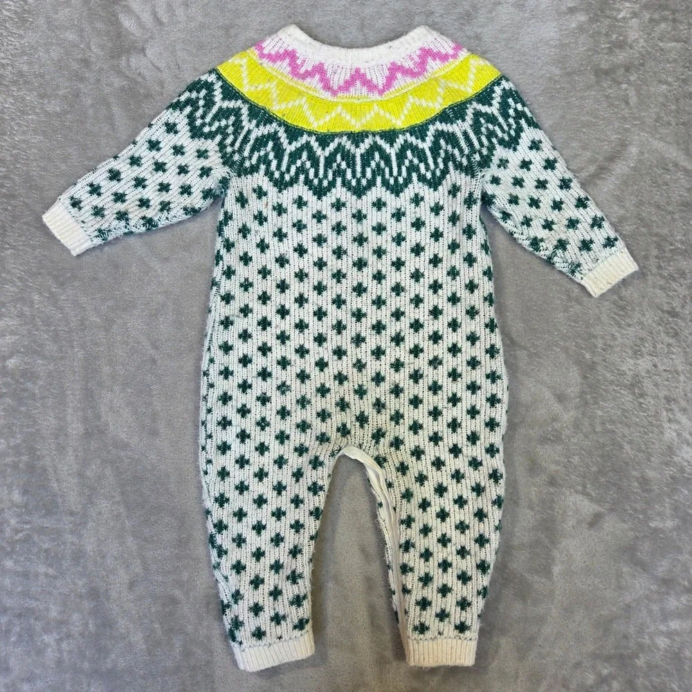 Old Navy Baby Fair Isle Knit Romper Green Yellow Pink 6-12M One-Piece Snaps